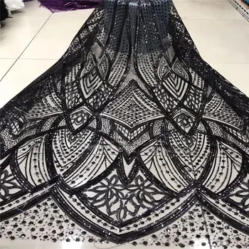 

Latest Sequined French Lace Fabric 5 yards Evening Dress Tissu Black Sequense Tulle African Laces Fabric For Wedding Lace Fabric