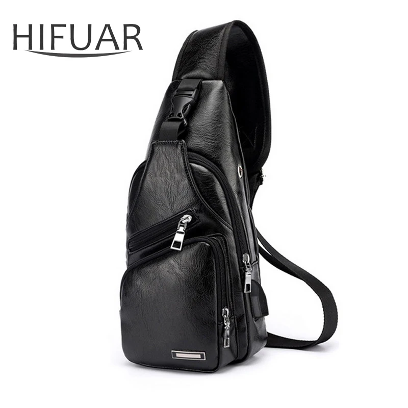

Men's Crossbody Chest Bags Men USB Charging Headphone Plug Leather Shoulder Bag Waist Pack