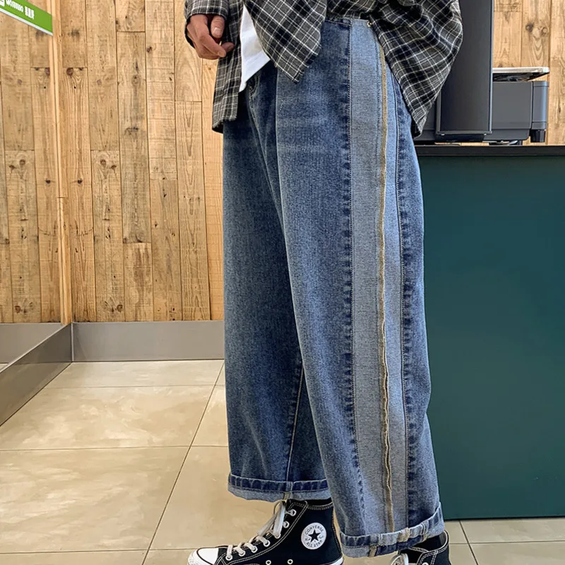 Low Price Straight Jeans Men's Fashion Washed Retro Contrast Color Casual Jean Pants Men Streetwear Loose Hip Hop Denim Trousers Mens