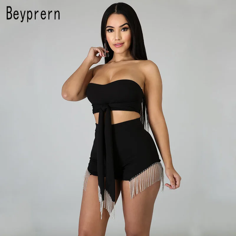 

Beyprern Chic Strapless Bandage Crop Top And High Waist Fringed Shorts Set Women Sequin Matching Set Night Out Tracksuit Outfits