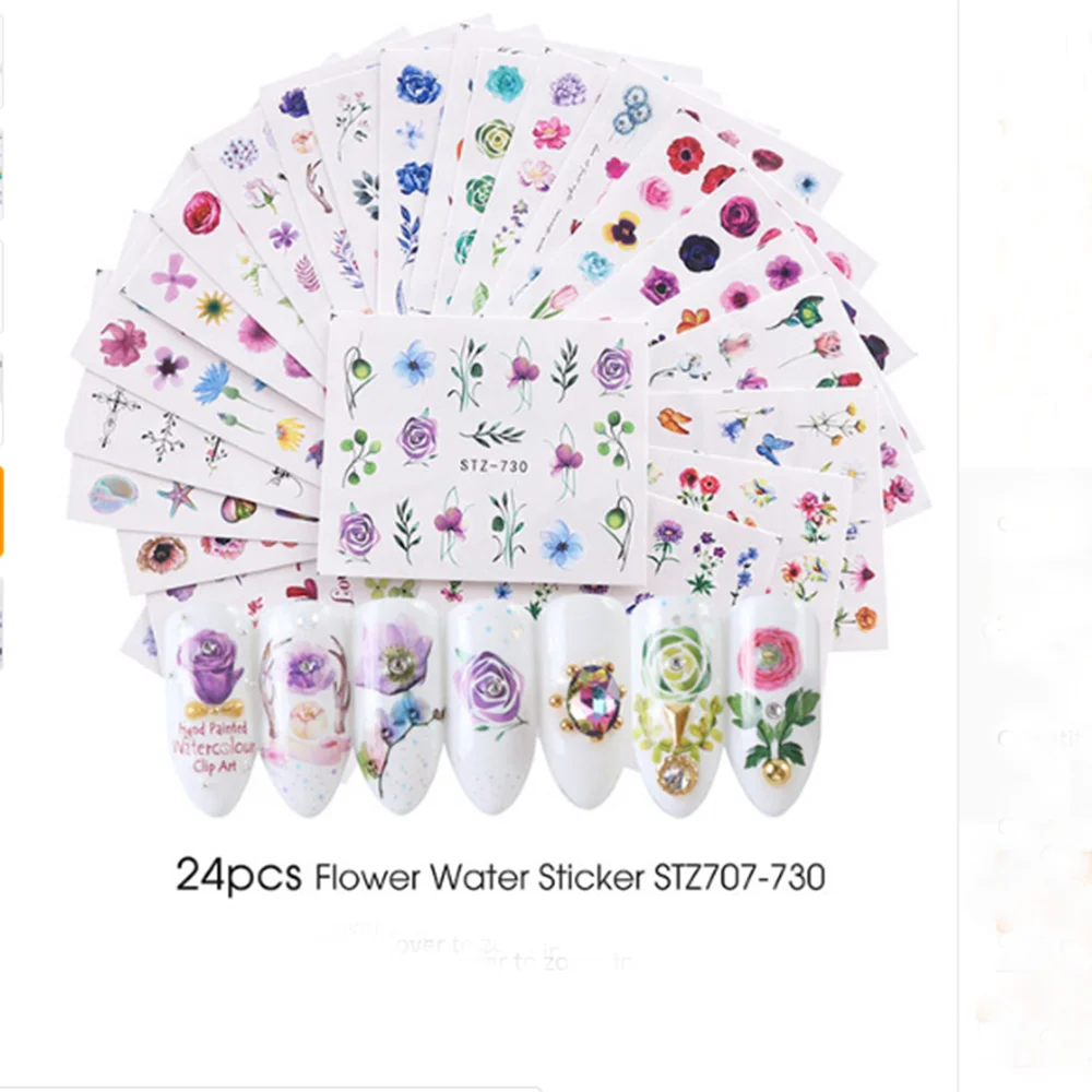 24 шт акварельные цветочные наклейки для ногтей набор Фламинго морской конь дизайн гель маникюр декор ногтей слайдеры