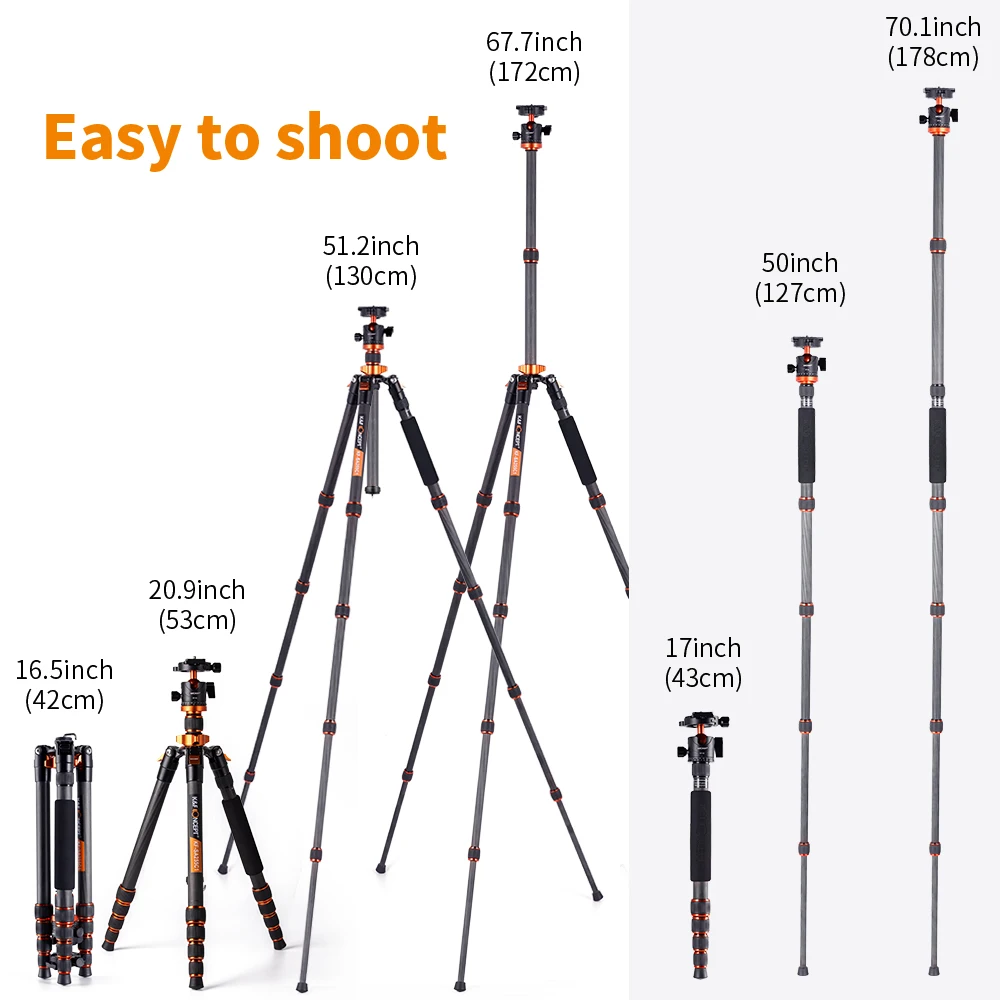 K&F CONCEPT SA255C1 68 inch Carbon Fiber Camera Tripod with 360 