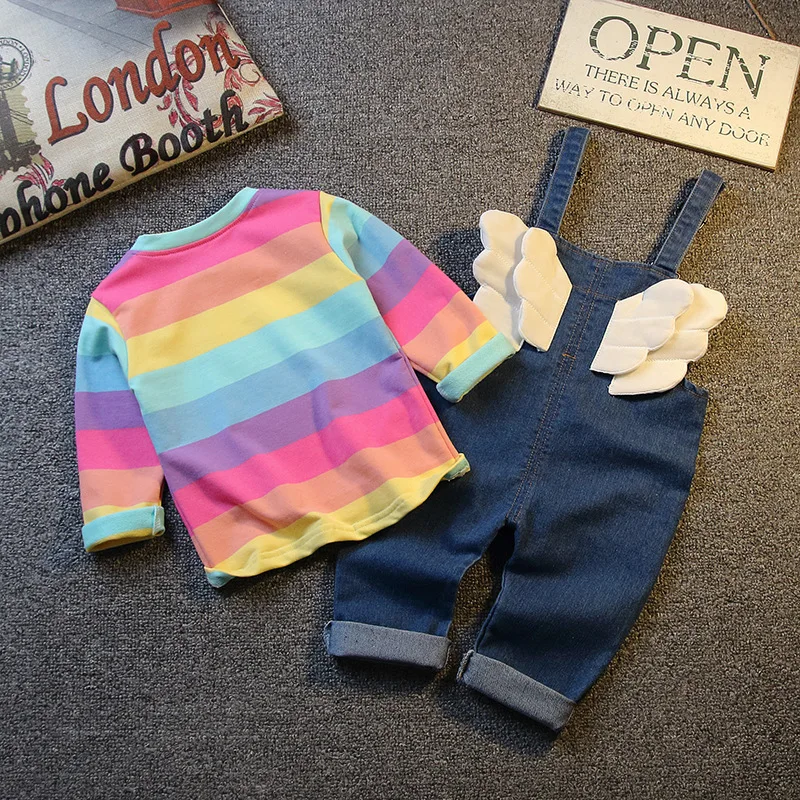 

2019 Autumn Clothing New Style Girls Long Sleeve Stripes T Wing Suspender Pants Two-Piece Set Korean-style CHILDREN'S Suit