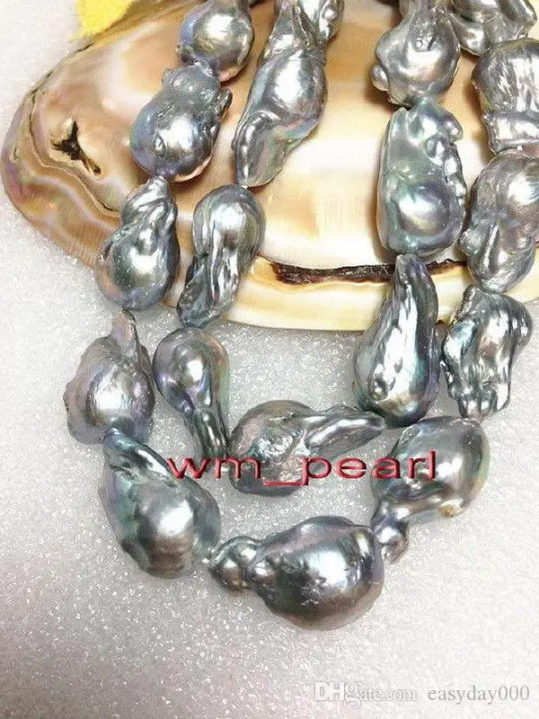 

Fine Pearls Jewelry LONG REAL 18" 25-30mm NATURAL south sea baroque silver gray pearl necklace