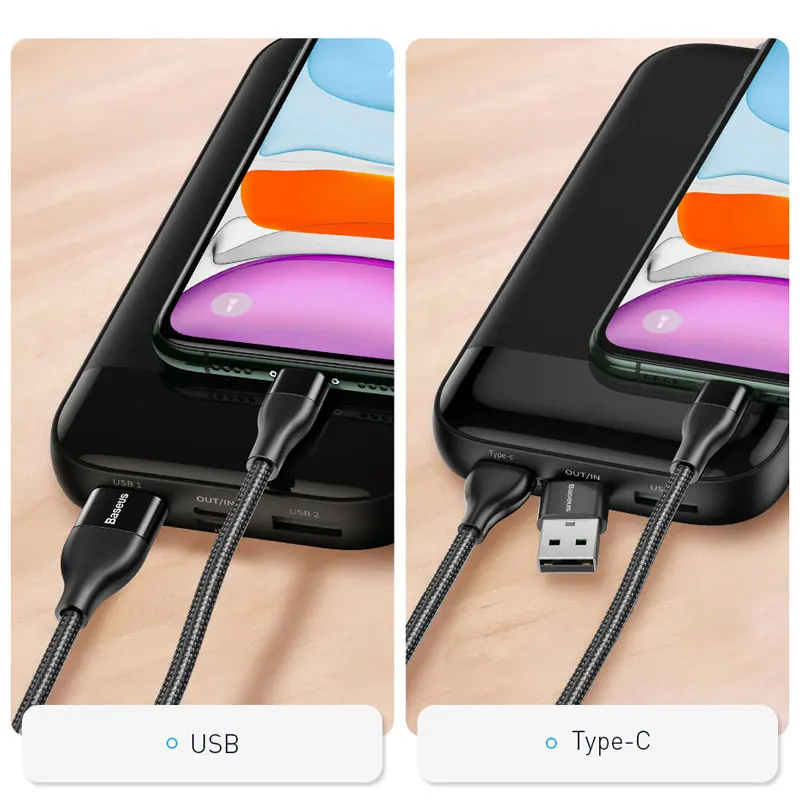 Baseus 2 в 1 USB Typc кабель для iPhone освещение Быстрая зарядка для iPhone 11pro Xs iPad провод шнур 18 Вт Двойной выход зарядное устройство кабель