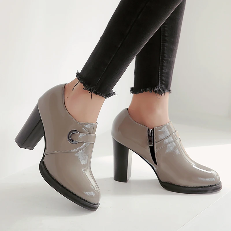 

Rimocy Elegant Square High Heels Ankle Boots for Women Waterproof Leather Zipper Boots Woman Solid Color Rubber Shoes Female