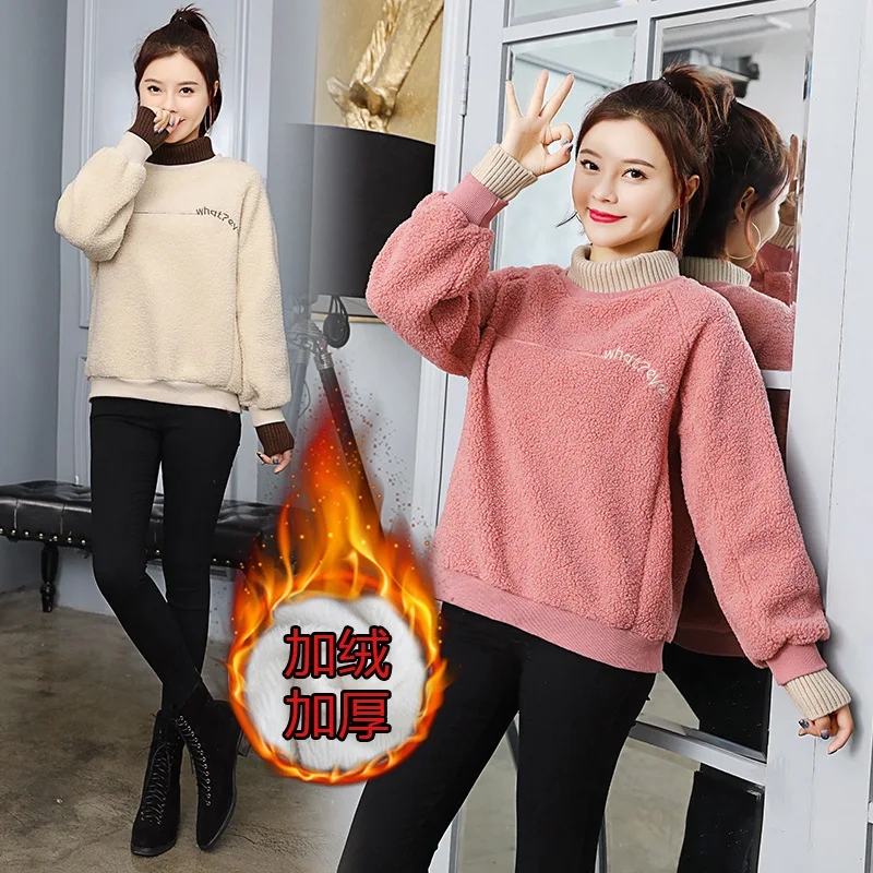 

Lambs Wool Hoodie Women's 2019 Autumn And Winter New Style Korean-style Laziness-Style High Collar Loose-Fit Pullover Brushed An