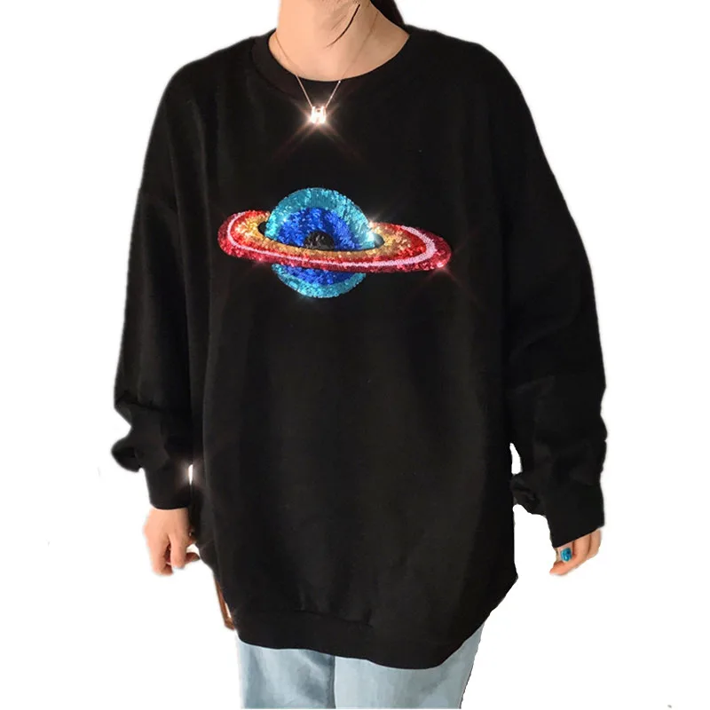 

2019 Autumn Sequined Bling Planet Sweatshirt Women Long Sleeve Pullover Oversize Loose Hoodies Tops Sudadera Mujer Plus Size 2XL