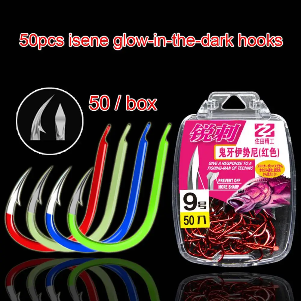 50Pcs Steel Luminous Fish Hook Barbed 3#-15# Series In Fly Fishhooks Worm Pond Fishing Bait Holder Jig Hole Accessories | Спорт и