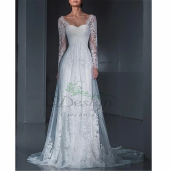 

Dream White Long Sleeves Appliques Tulle Pleat Appliques Robe De Mariee Square Collar Dropped Sheath Vestido De Novia 2019