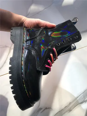 

2020 Fashion Trend Rainbow Leather Boots Women shoes boots Ankle Motorcycle Shoes Heel thick with Platform botas mujer