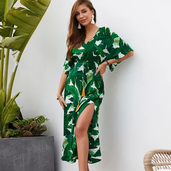 

Bikitique Printed V-Neck Short Sleeve Waistband Tassel Bohemian Party Dress Women Holiday Beach Split Knit Sexy Dress Casual