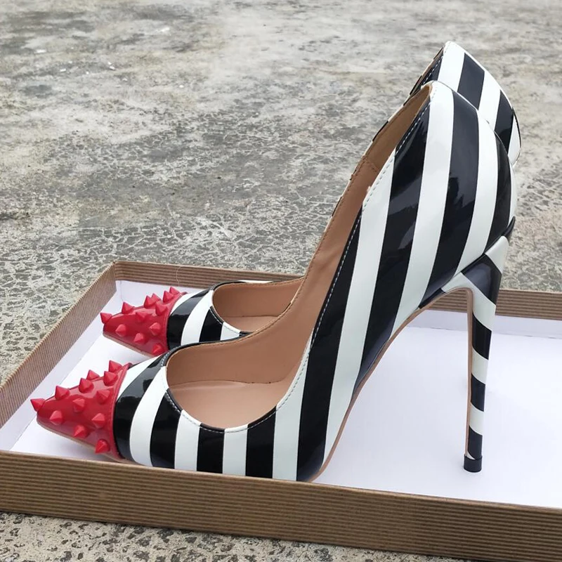 

Keshangjia black and white striped high-heeled patent leather pin rivet shallow mouth red high heels shoes tide