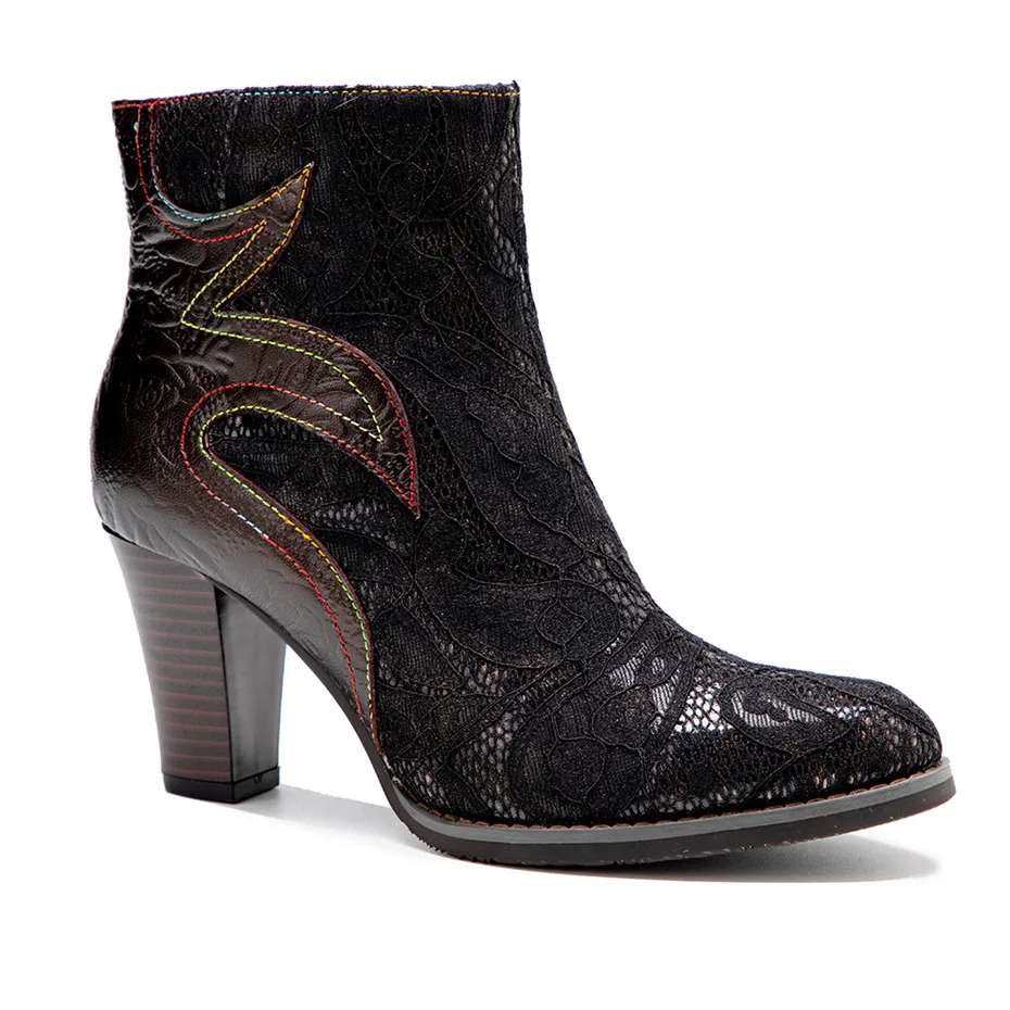 French Retro Genuine Leather Ladies Ankle Boots Shoes Handmade Lace Metal Dark Gothic High Thick Heels Shoes Women's Basic Boots (7)