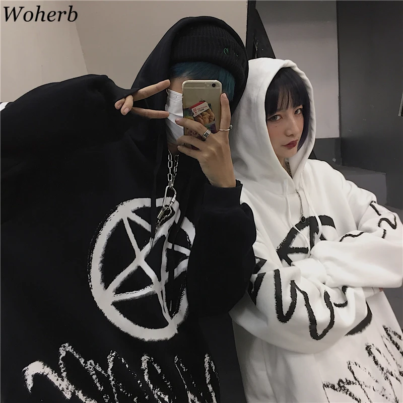 Woherb, зимняя новая одежда, повседневные свободные толстовки с капюшоном и длинным рукавом, винтажный свитшот с принтом для мужчин и женщин, корейская мода 91301