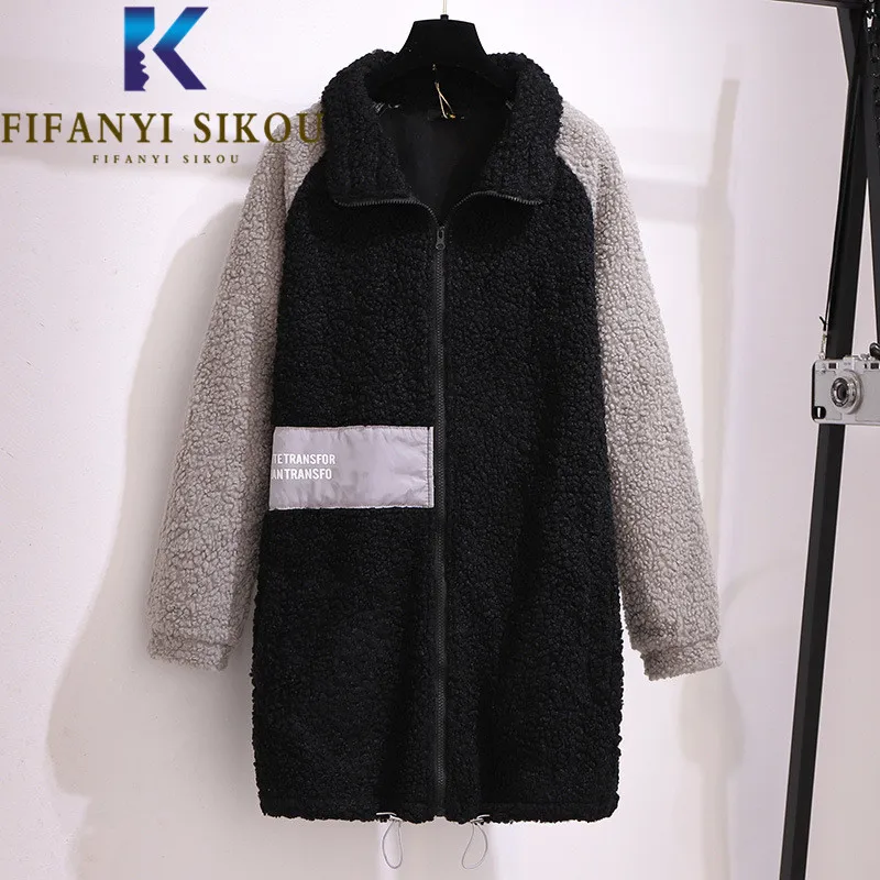 

Длинное пальто из искусственного меха ягненка, женская модная Свободная куртка из искусственного меха на молнии с принтом, Толстая теплая верхняя одежда на осень и зиму