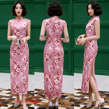 

Sexy Women Satin Daily Casual Dress Summer New Long Qipao Print Flower Chinese Cheongsam Size M-4XL
