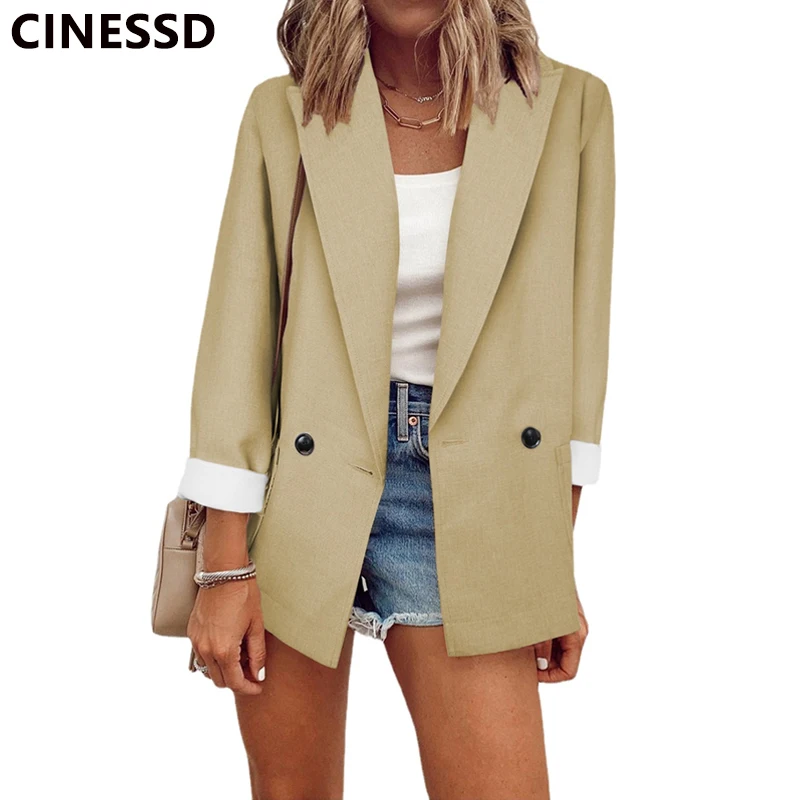 CINESSD 2021 Summer Autumn Solid Blazer Coat Notched Long Sleeve Cardigan Button Casual Jacket Suits Office Lady Black Blazers plus size pants suits evening wear