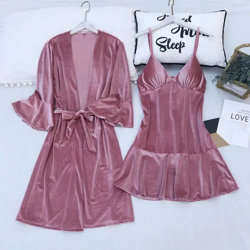 Pink1 Теплый Бархатный халат, кимоно, одежда для сна, мягкий велюр, женский свадебный халат, ночная рубашка, ночное белье, повседневное банное платье, интимное белье - Цвет: Pink1