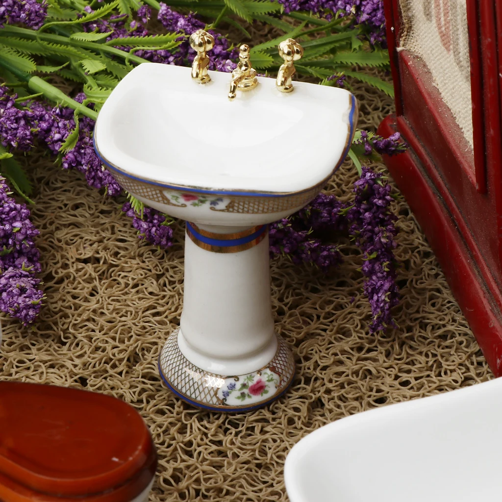 1/12 Dollhouse Miniature Bathroom Furniture Kits Flower Pattern Bathtub and Toilet Set