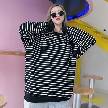 

Hoodies Women Elastic Cuff Hem O-Neck Striped Loose Retro Chic Korean Style Harajuku Soft Trendy Sweatshirts Womens All-match