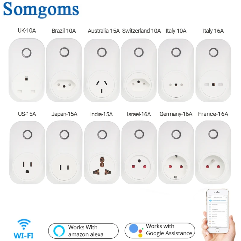 Tuya Wifi Tomada Inteligente Plug ue uk Swit au br fr jp Israel Ita za 10a 1616a Controle Remoto Alexa Google Casa Energia Moni