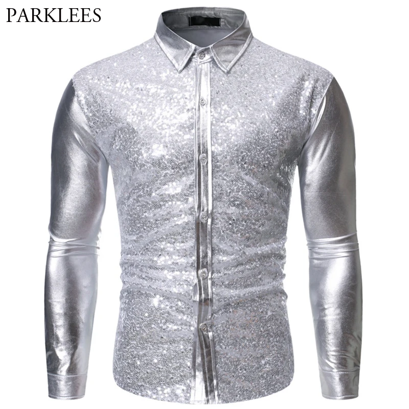 SilverMensGlitterSequinsShirtsFashionMetallicShirtMenCausal