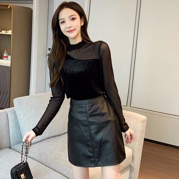 

COIGARSAM Sexy Patchwork blouse women New Mesh Turtleneck blusas womens tops and blouses Black 20353