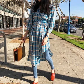 

SuperAen Spring New 2020 Women's Dress Korean-Style Slim Cotton Ladies Dress Sashes Plaid Irregular Women Clothing