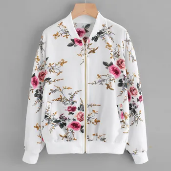 

Women Retro Flower Floral Print Jacket Zipper Bomber Collar Slim Coat Autumn Spring Jacket chaqueta reflectante mujer 9.19