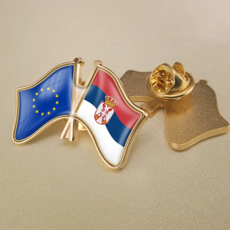 EU and SRB Скрещенные двойные флаг дружбы штифты с отворотом в европейском и сербийском стиле - Окраска металла: EU and SRB