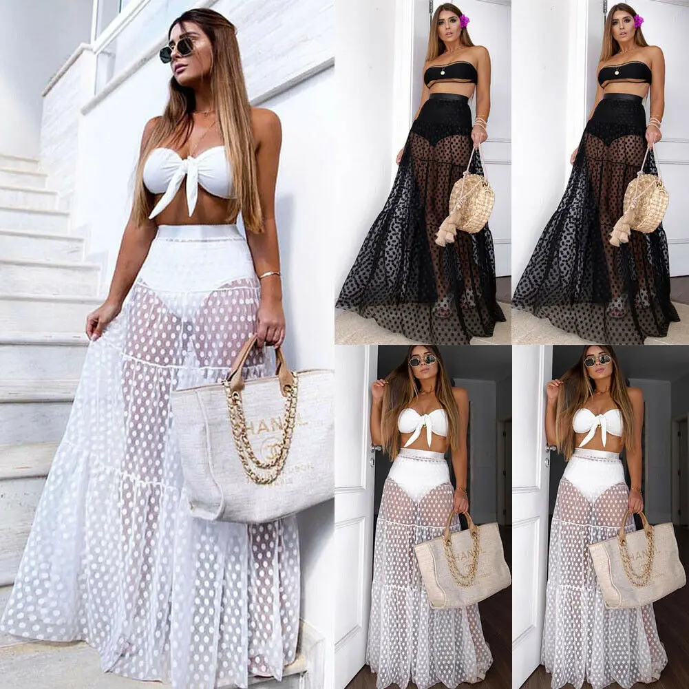 

Women Female Clothes Mesh Sheer Maxi Skirt Dot Print A line Summer Beach Skirt Tulle Transparent See Through Skirts