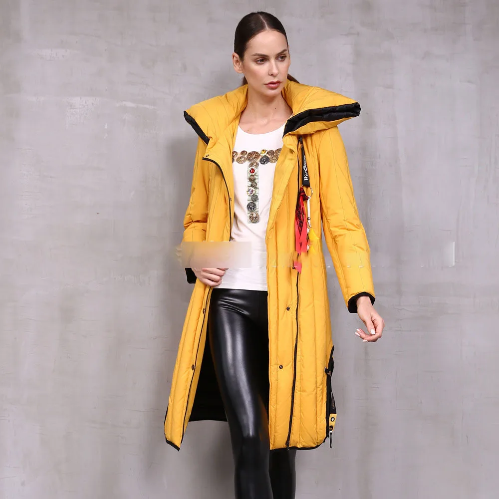 SHENGPALAE, высокое качество, сохраняющая тепло, зимняя женская куртка, длинный рукав, отложной воротник, желтое раскол, женский пуховик FU203