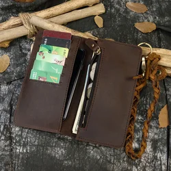 100%Genuine Cow Leather Men Wallet European Vintage Large Capacity Crazy Horse Real Leather Man Bifold Purse Clutch Wallet Chain