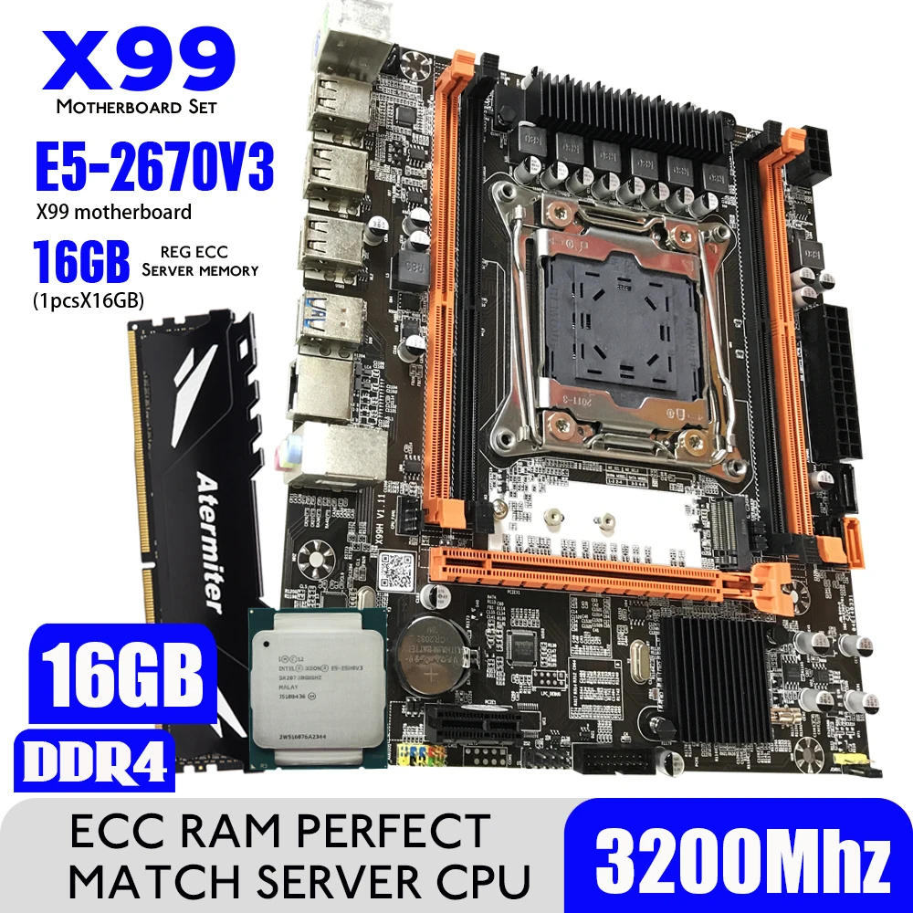 Atermiter X99 D4 DDR4 Motherboard Set With Xeon E5 2670 V3 LGA2011-3 CPU 1pcs X 16GB = 3200MHz PC4 Memory REG ECC RAM | Компьютеры и