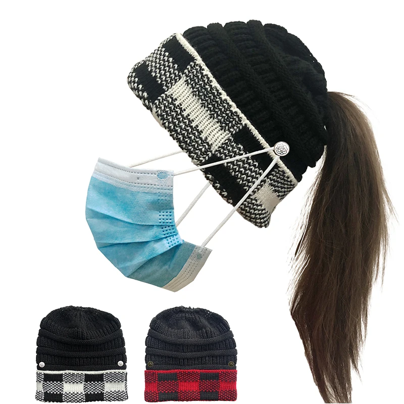 

Vintage Plaid Patchwork Can Hang Masks Hat With Buttons Women Outdoor Casual Knitted Ponytail Hats Autumn Winter Warm Wool Cap