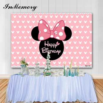 

InMemory Vinyl Pink Dot Mouse Backdrop Cute Bow Girl Birthday Party Photography Backgrounds Photo Booth Props Photocall Banner