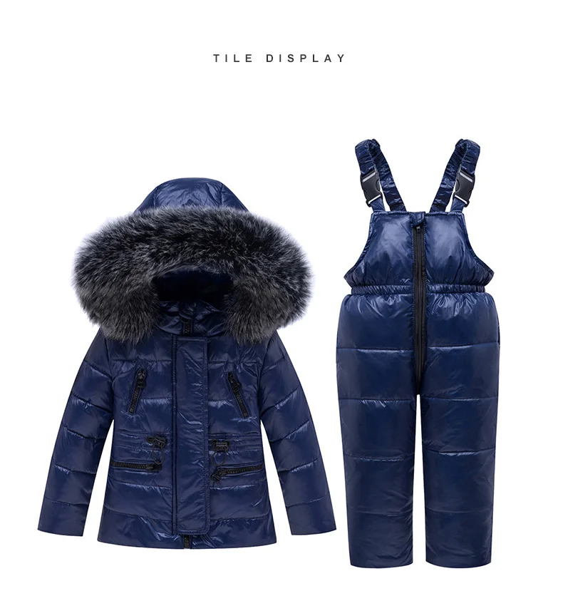 Детское зимнее пуховое пальто комплект детской одежды из 2 предметов: пуховик+ комбинезон теплые зимние костюмы для маленьких мальчиков и девочек