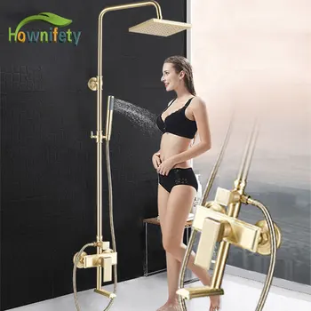 

Brass Brushed Gold Shower Set Bathroom Rainfall Shower Head Hot cold wall Mount Mixer Tap Swivel Luxury Systms BathSet