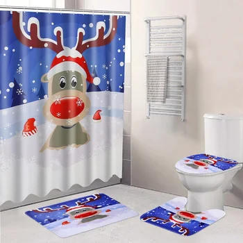 

Christmas Snowman Shower Curtains Bathroom Suit Reindeer Waterproof Bath Curtains Toilet Cover Mat Non Slip Rug Set