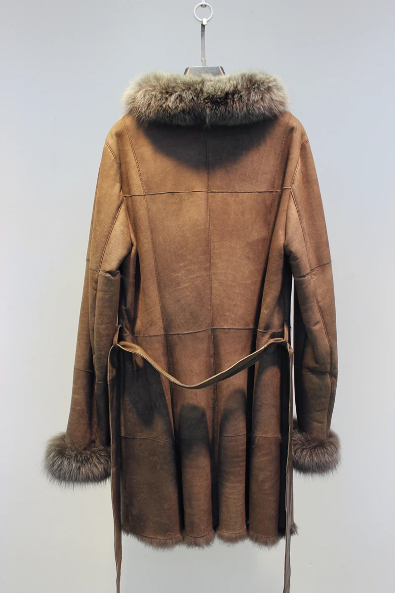 CLEARANCE women's winter casual luxury fox fur collar sheep fur sheepskin genuine leather shearling wool lining long overcoat