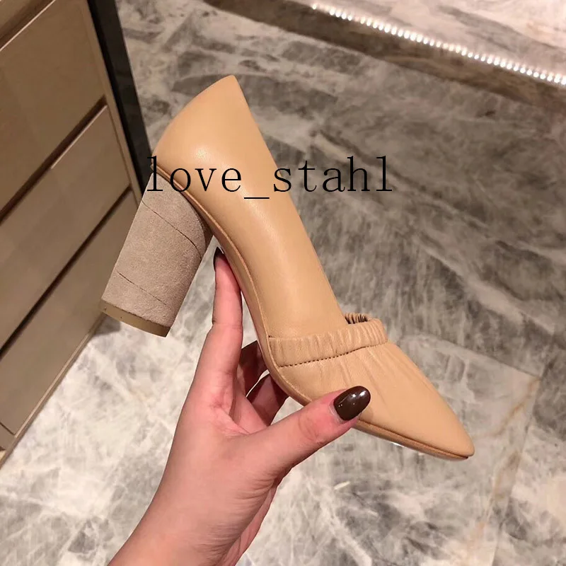 

2019 lovestahl women top quality Luxury Pleated sheepskin high heels round heel square head design casual mother shoes 8.0cm