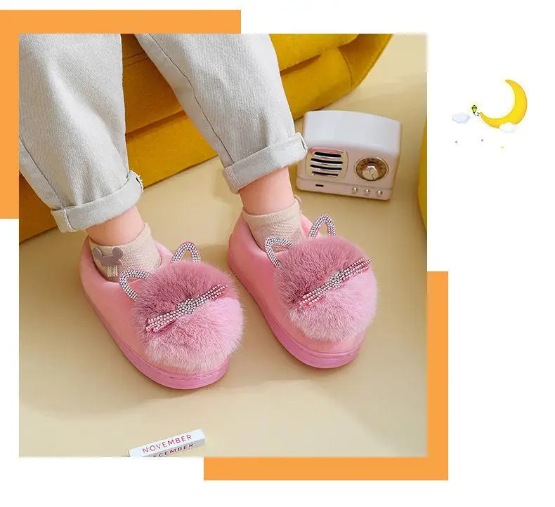 children's shoes for high arches Children's Slippers Winter Kids Cotton Shoes Winter Warm Pink Furry Rabbit Ears Pattern Non-slip Baby Girl Slippers Kids Shoes extra wide fit children's shoes