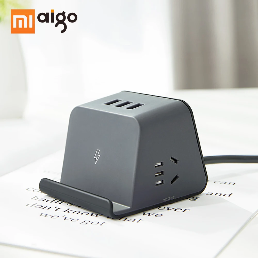 

Xiaomi Aigo 5W Wireless Charger Socket With Phone Bracket Holder 3 USB Ports Extended Line Sockets 3D Power Strip Socket Outlet