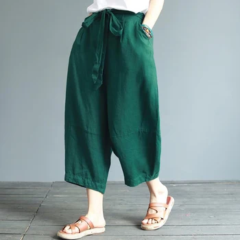 

Summer New Arts Style Women High Waist Vintage Wide Leg Pants All-matched Casual Cotton Linen Loose Ankle-length Pants S707
