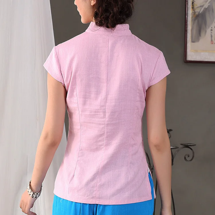 Элегантная конопляная хлопковая рубашка cheongsam, топы, китайская одежда, повседневная женская китайская льняная рубашка с короткими рукавами
