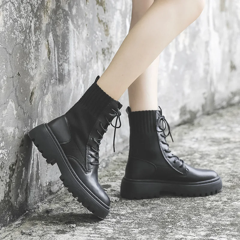 

Winter Shoes Women Bootee Woman 2019 Lace Up Boots Chunky Heel Booties Ladies Round Toe Ankle Rock Riding Med Lolita Rubber