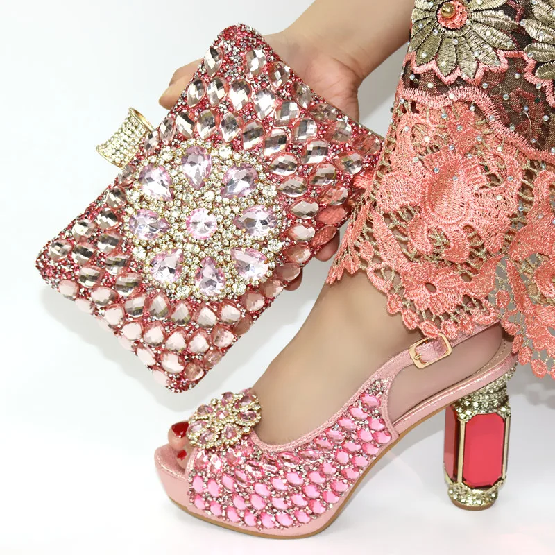 Комплект из итальянских туфель и сумочки розового цвета с блестящими кристаллами; комплект из женских туфель и сумочки высокого качества; свадебные туфли и сумочка в африканском стиле
