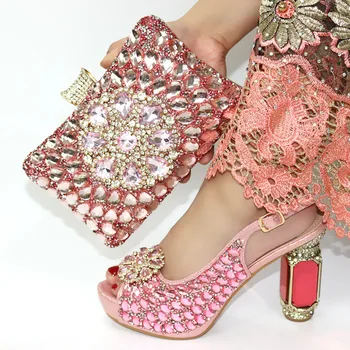 

Pink Italian Shoes with Matching Bag set With shiny crystal Women Shoes and Bag Set High Quality African Wedding Shoe and Bag
