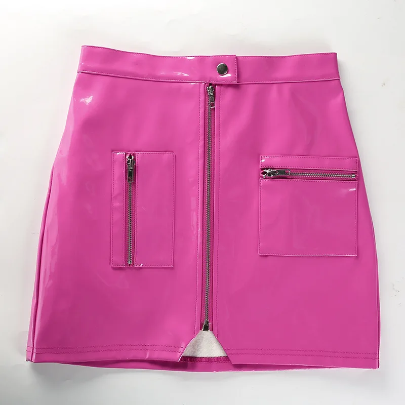 Cryptographic PU Leather Sexy High Waist Skirt Zipper Fake Pockets Streetwear Fall Winter Split Pink Mini Skirts Bodycon Short